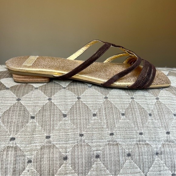 Shoola Layla Brown Leather Slide Sandals Metallic Gold Footbed Size EU 39 US 8 - Picture 4 of 12